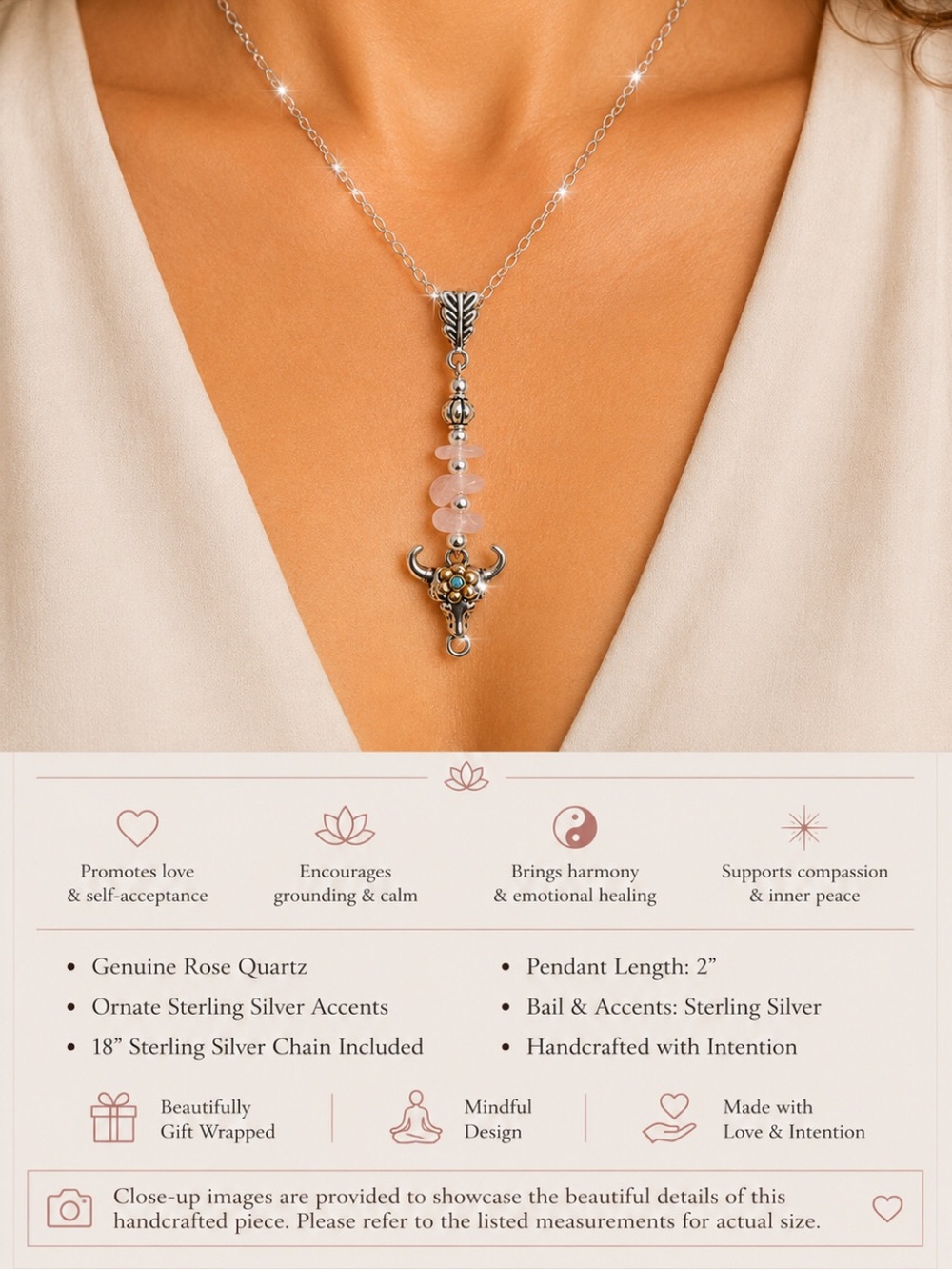 Rose Quartz Genuine Stone Necklace - Sterling Silver 18” chain incl
